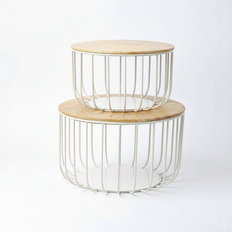 White Metal Fruit Basket Set with Wooden Lid – 2-Piece Storage Organizer