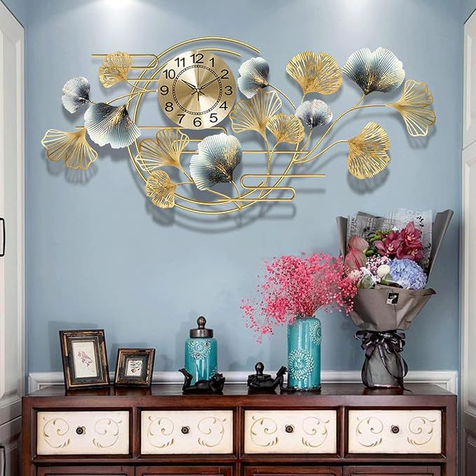 Luxury Gold & Silver Ginkgo Leaf Metal Wall Clock | Modern Decorative Wall Clock for Living Room, Bedroom & Office