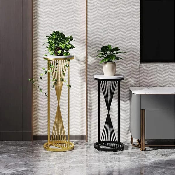 Modern Wooden Top Plant Stand Set with Gold Metal Frame (Set of 2)