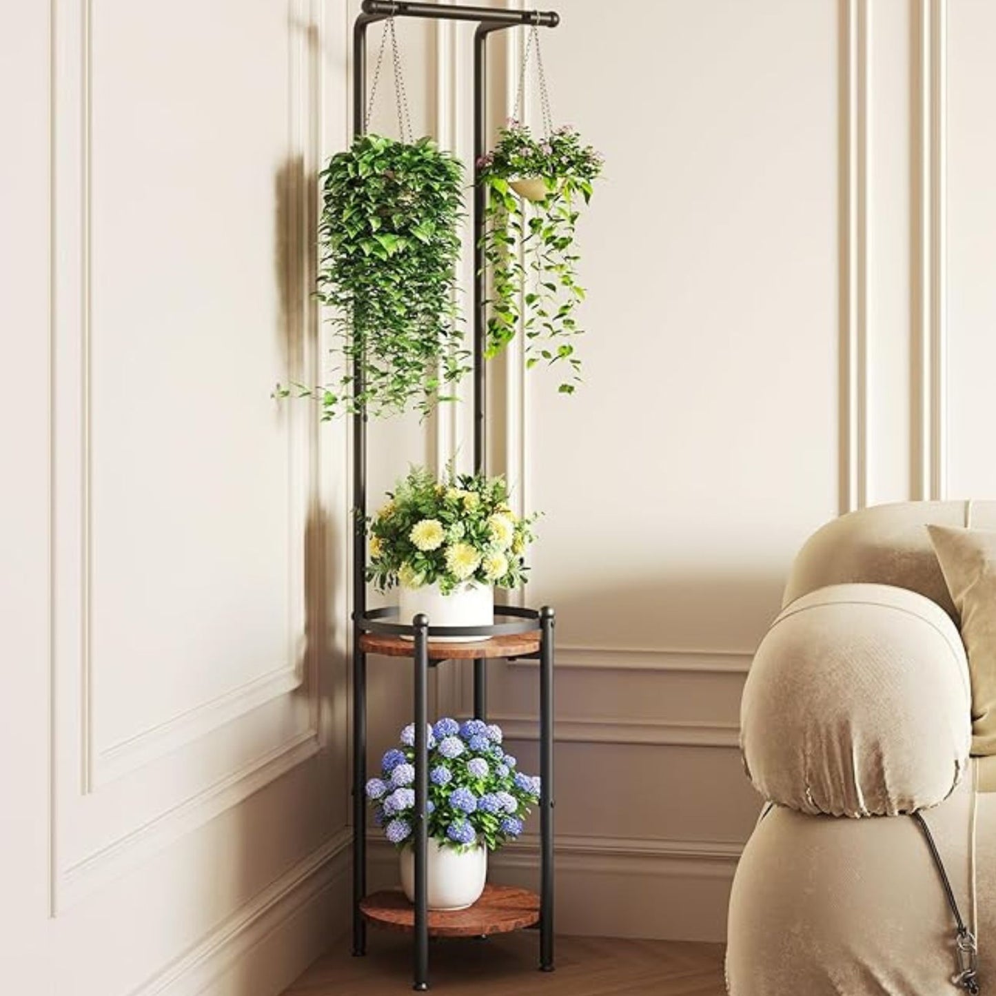 Modern Plant Stand with Hanging Rod – Multi-Tier Indoor Planter Rack (Metal & Wood)