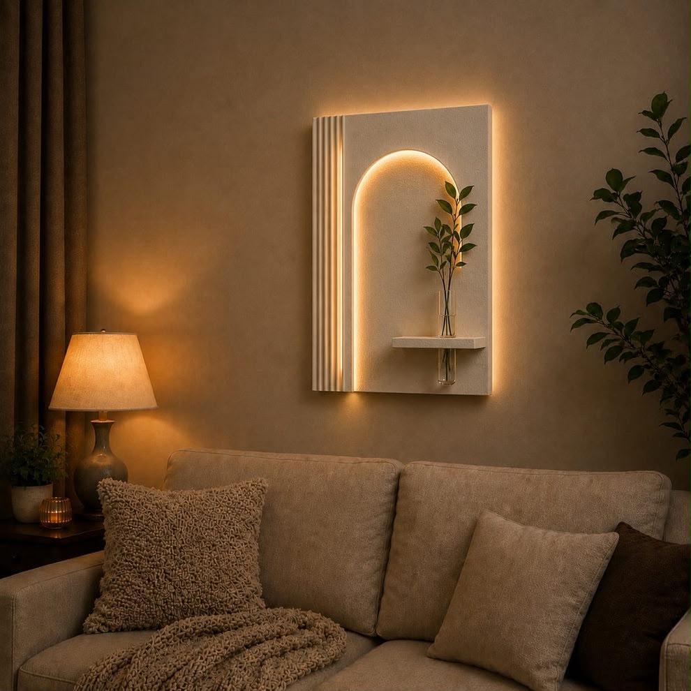 Modern Geometric LED Wall Decor with Wooden Vase Shelf | Contemporary Minimalist Wall Art