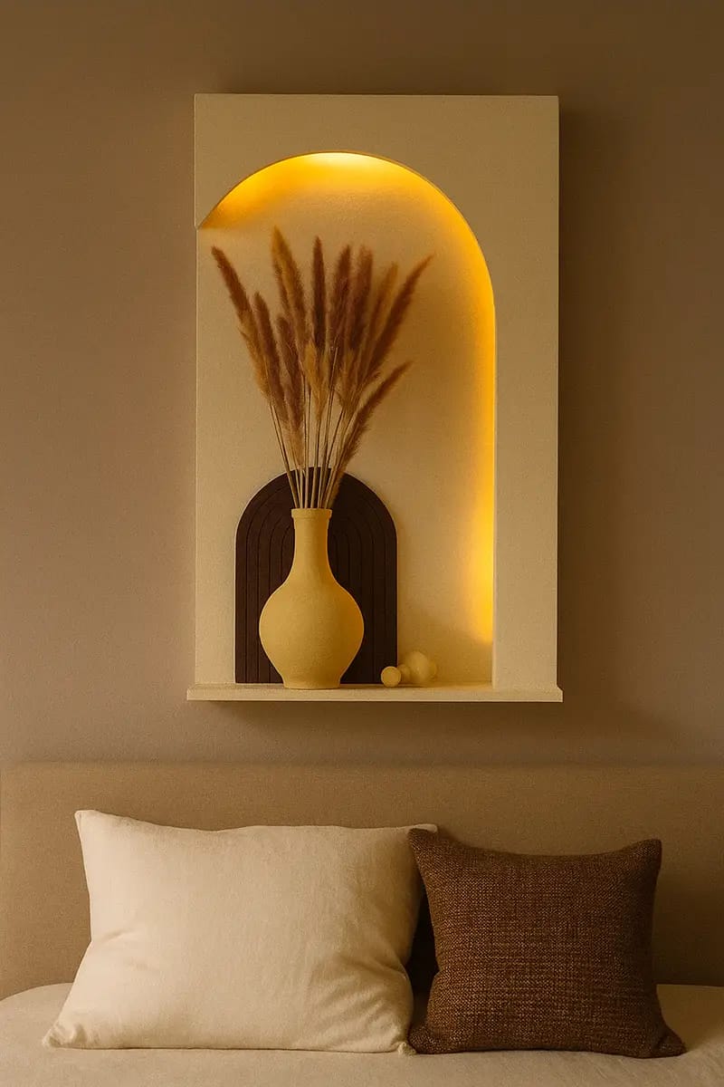 Modern LED Arch Wall Shelf with Vase Décor – Minimalist Floating Wall Accent Shelf