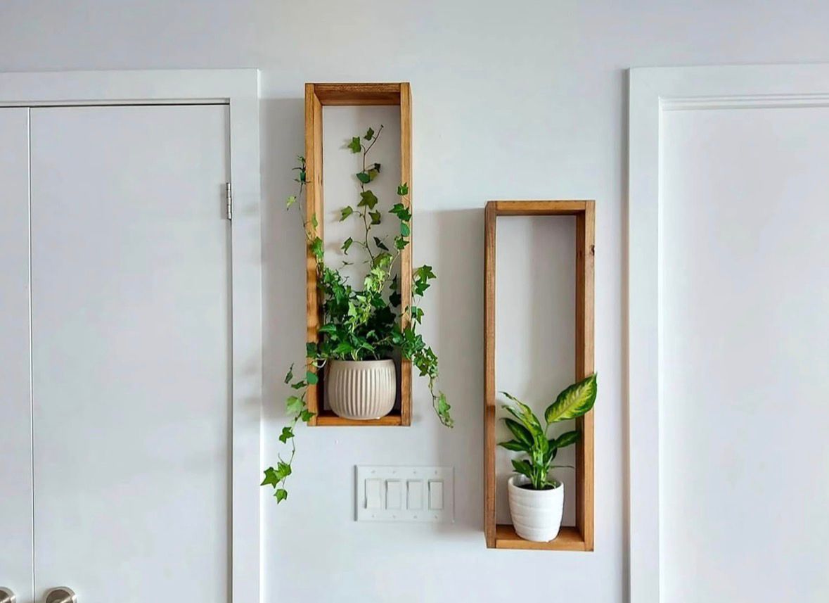 Modern Wooden Wall Plant Shelf Set – Vertical Box Frame Planter Display (Set of 2)