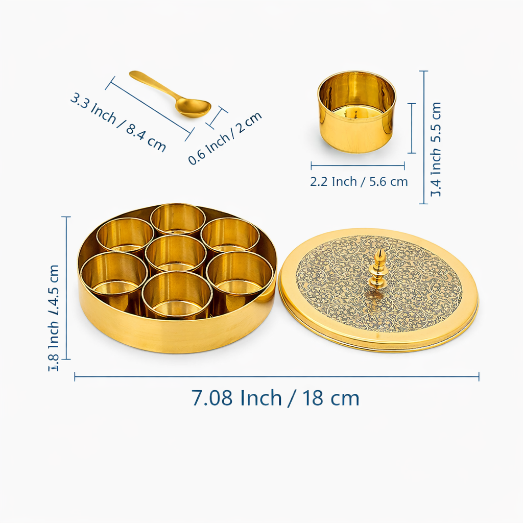 Golden Metal Masala Spice Box with 7 Containers & Spoon