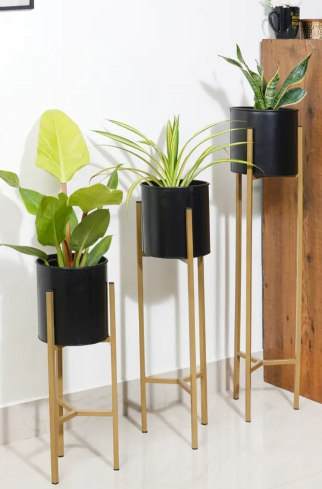 Modern Metal Floor Plant Stand with Planter Pots – Set of 3, Elegant black pot Flower Stands for Home Decor