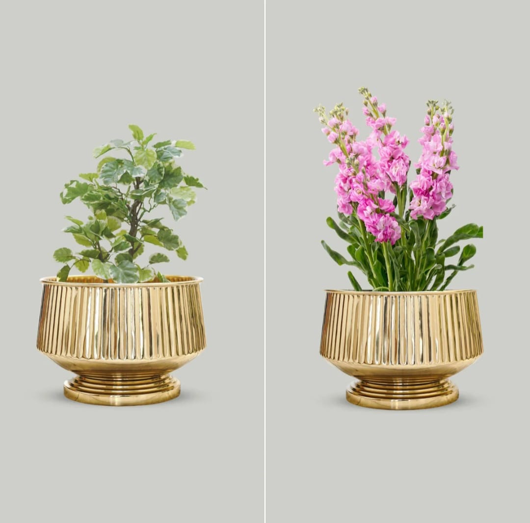 Golden Metal Decorative Planter Pot with Ribbed Design