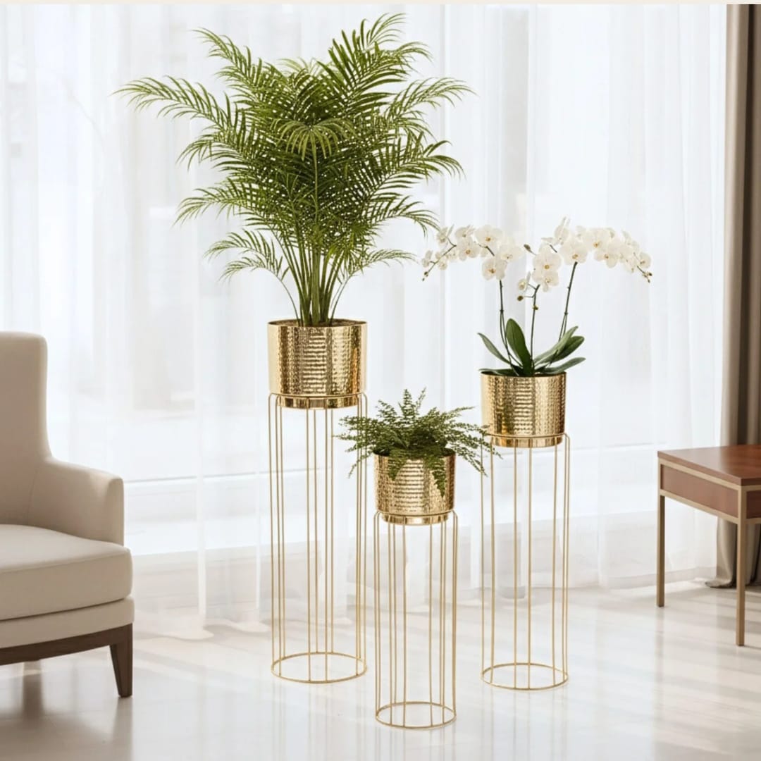 Set of 3 Golden Metal Planter Stands with Decorative Pots