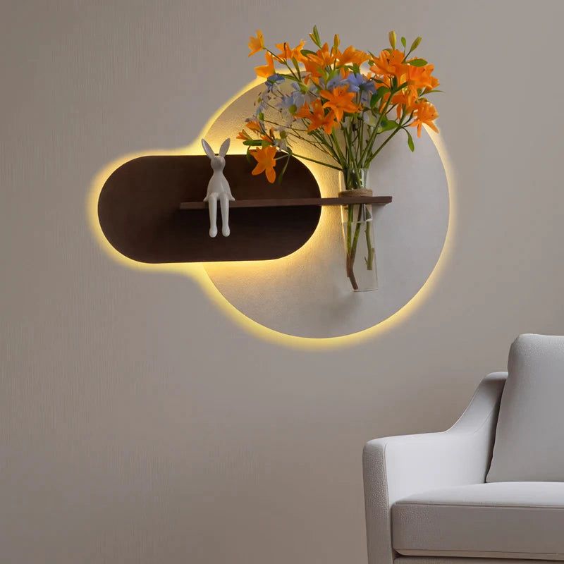 Modern LED Wall Shelf with Glass Vase Holder – Decorative Wooden Wall Décor