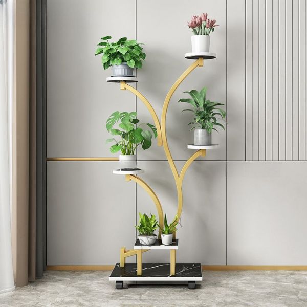 Luxury Golden Tree Design 5-Tier Metal Plant Stand | Modern Multi-Level Flower Pot Display Rack | Premium Indoor & Outdoor Plant Holder