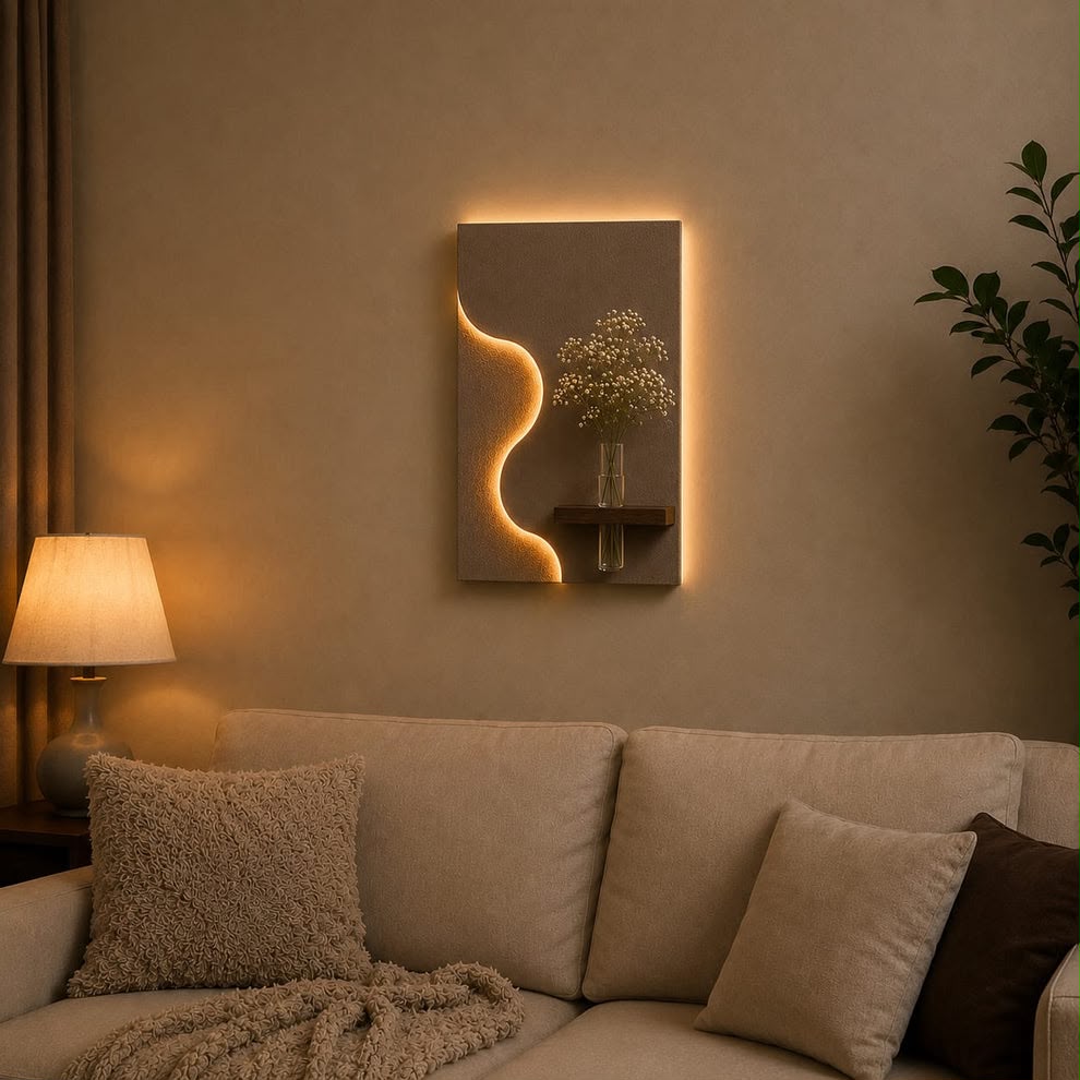 Modern Geometric LED Wall Decor with Wooden Vase Shelf | Contemporary Minimalist Wall Art