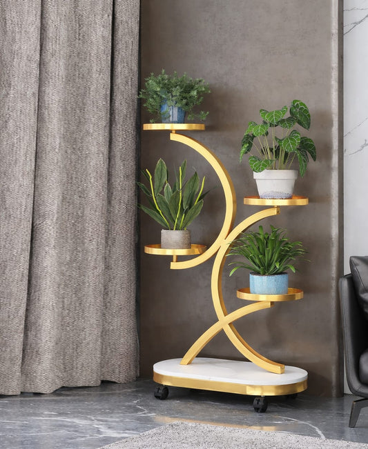 “Modern Luxury Golden 4-Tier Plant Stand with Wheels for Living Room Decor”