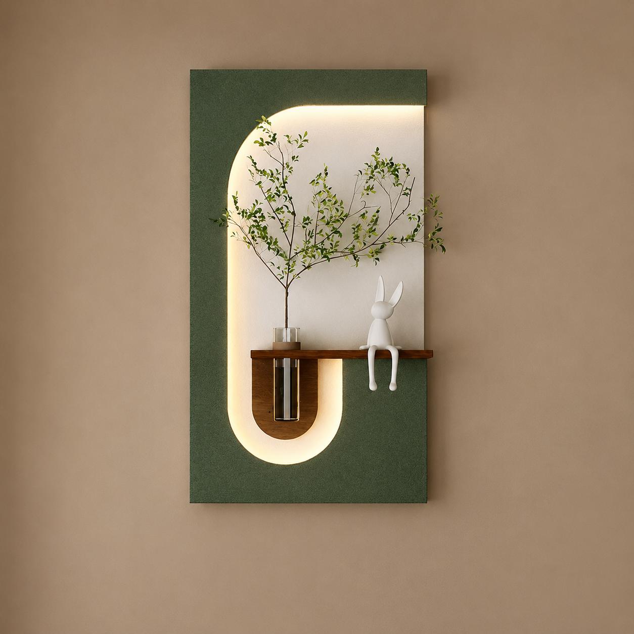Modern LED Wall Décor Shelf with Plant Vase & Artistic Design Panel”