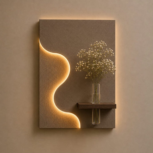 Modern Geometric LED Wall Decor with Wooden Vase Shelf | Contemporary Minimalist Wall Art