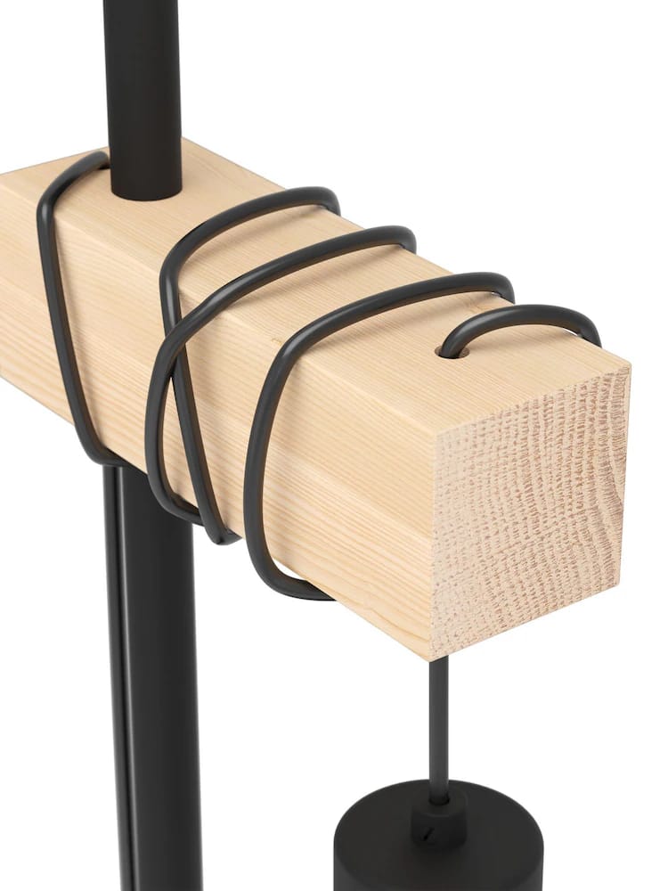 Vintage Industrial Table Lamp with Wooden Accent & Hanging Cage Bulb – Modern Bedside/Desk Light