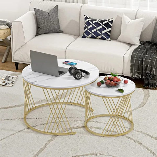 Modern Wooden Top Round Coffee Table Set with Gold Metal Frame (Set of 2)