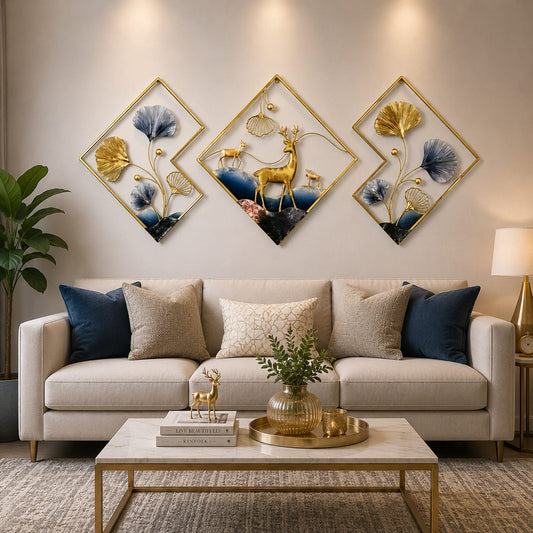 3-Piece Golden Deer Metal Wall Art | Modern Decorative Wall Hanging (42 x 19 Inches)