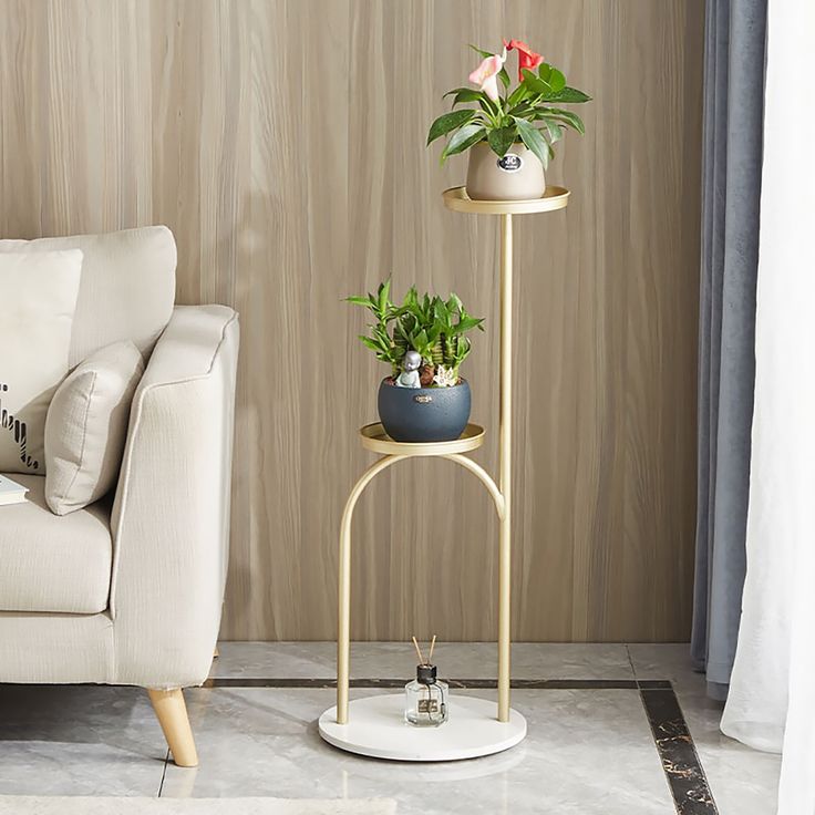 Modern 2-Tier Gold Metal Plant Stand | Luxury Flower Pot Holder with Marble Base | Decorative Indoor Plant Display Rack