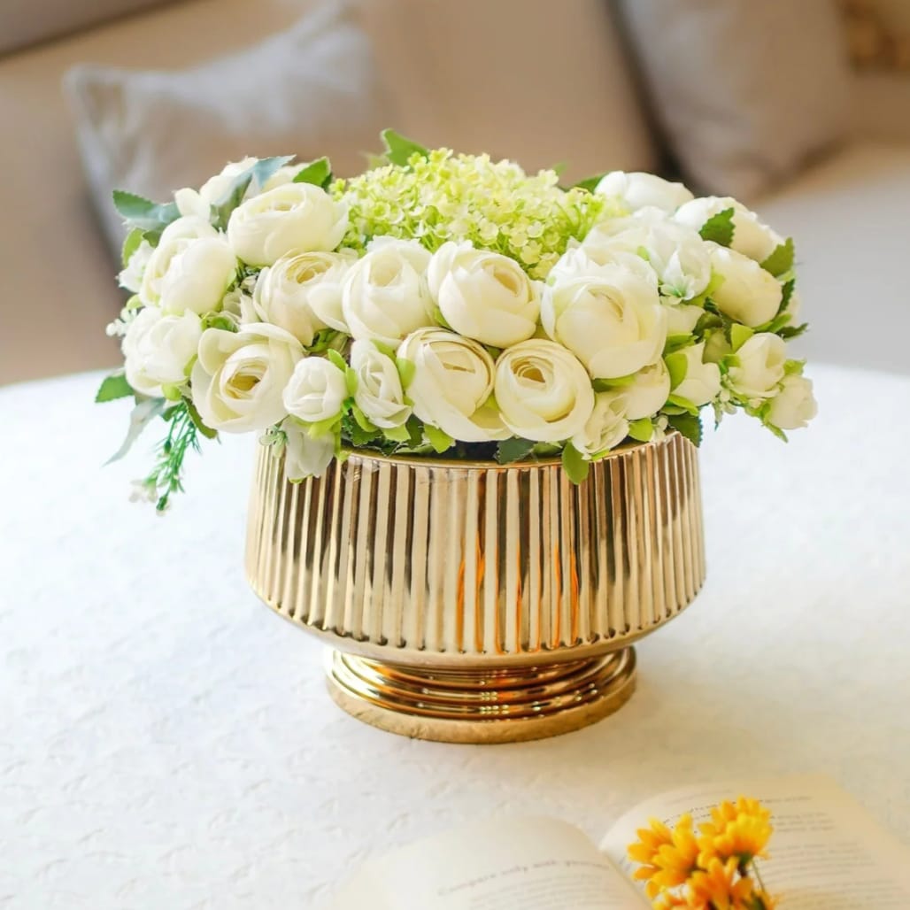 Golden Metal Decorative Planter Pot with Ribbed Design