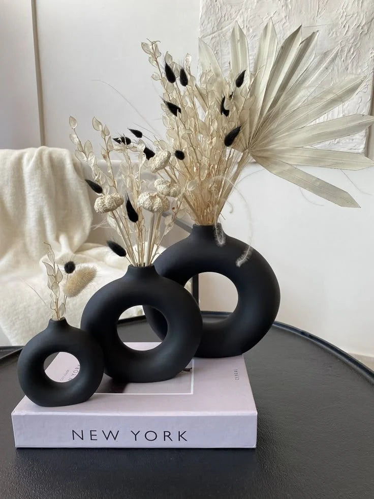 Modern Black Donut Ceramic Vase Set (3 Pieces)