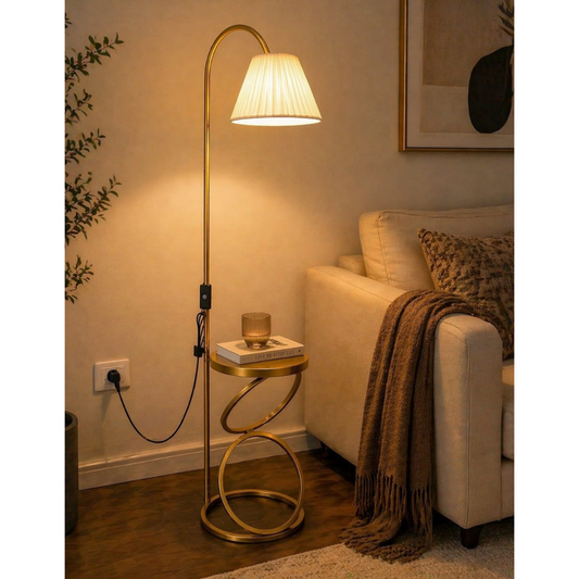 Modern Gold Floor Lamp with Table | Premium Fabric Shade | 56 Inch Standing Lamp
