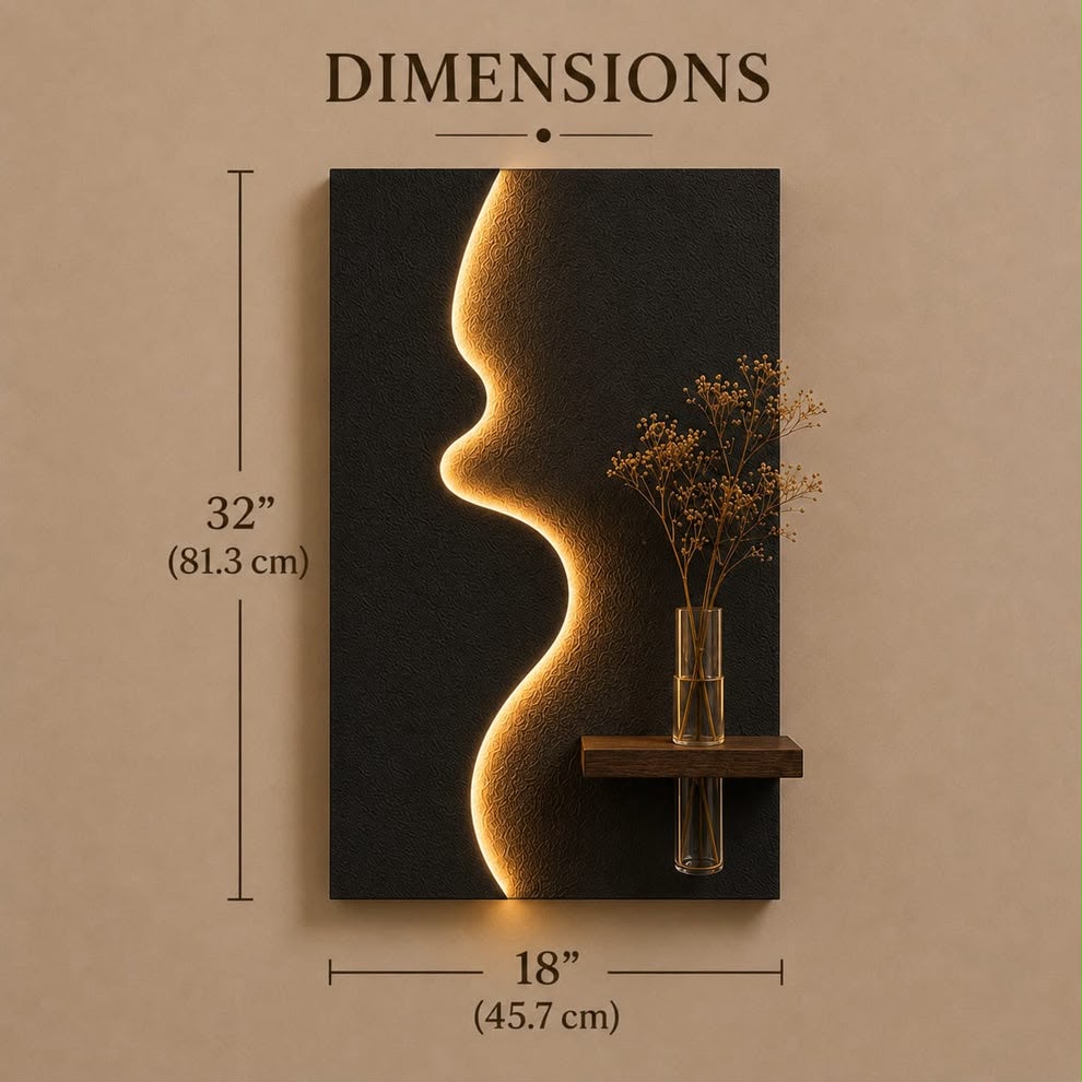 Modern Abstract Face LED Wall Decor with Wooden Vase Shelf | Minimalist Wall Art