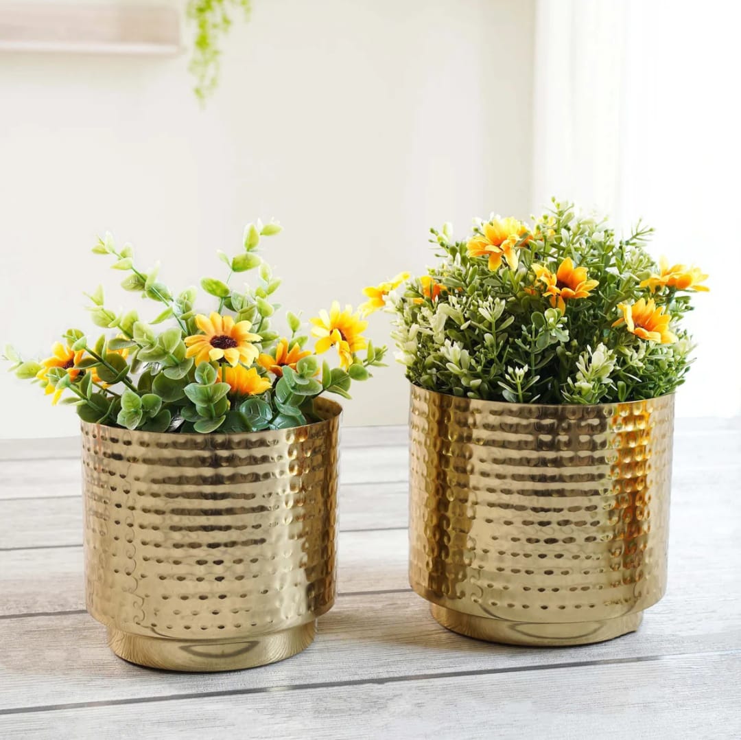 Set of 2 Golden Hammered Metal Decorative Planters