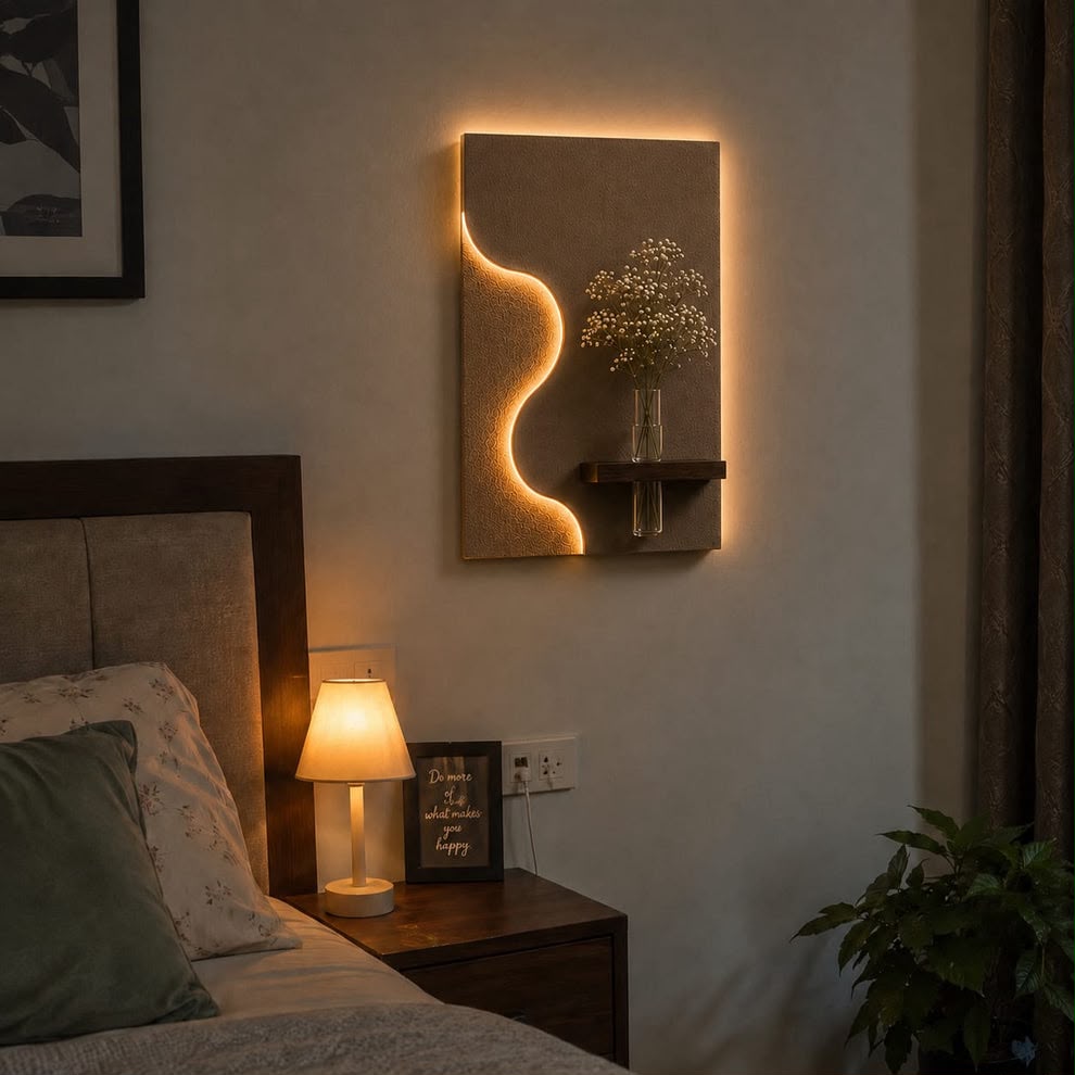 Modern Geometric LED Wall Decor with Wooden Vase Shelf | Contemporary Minimalist Wall Art