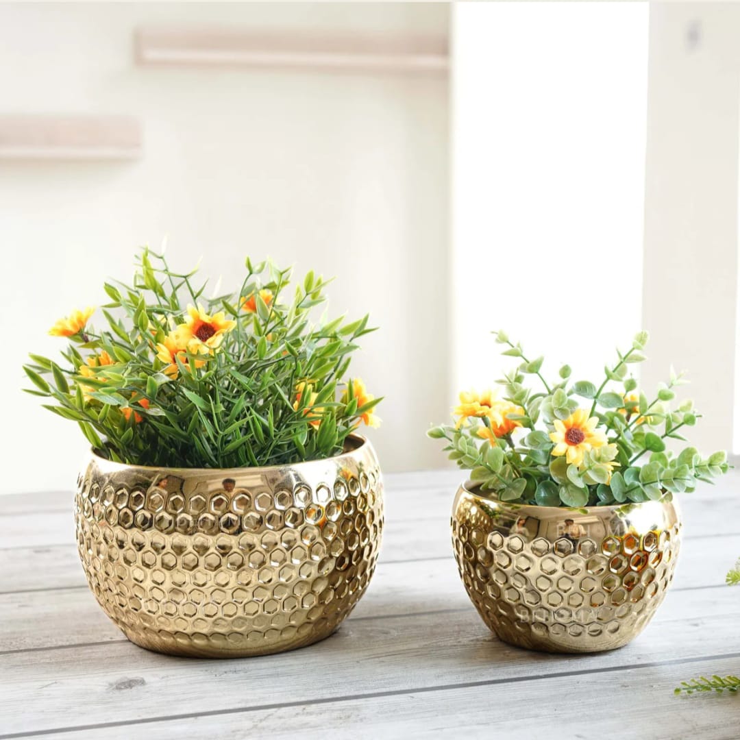 Set of 2 Golden Hammered Metal Decorative Planters
