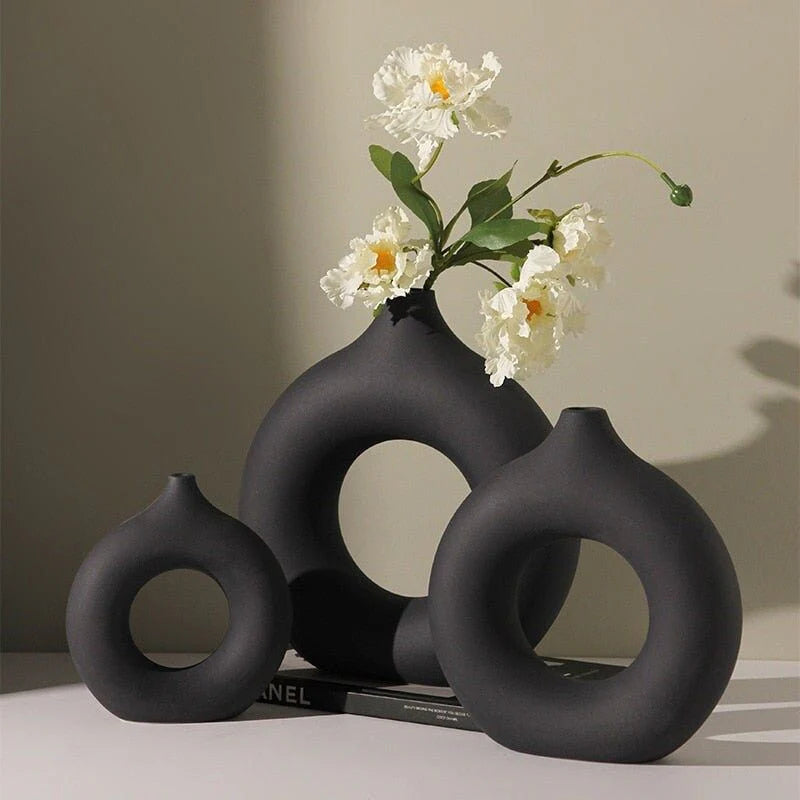 Modern Black Donut Ceramic Vase Set (3 Pieces)