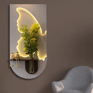 Butterfly LED Wall Art Shelf with Glass Vase Holder | Modern Illuminated Decorative Wall Panel | Luxury Floating Shelf Décor