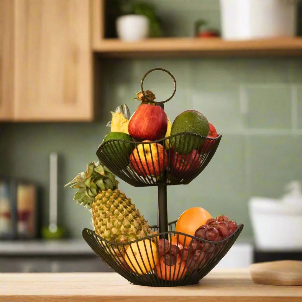 2-Tier Black Metal Fruit Basket Stand – Modern Countertop Organizer