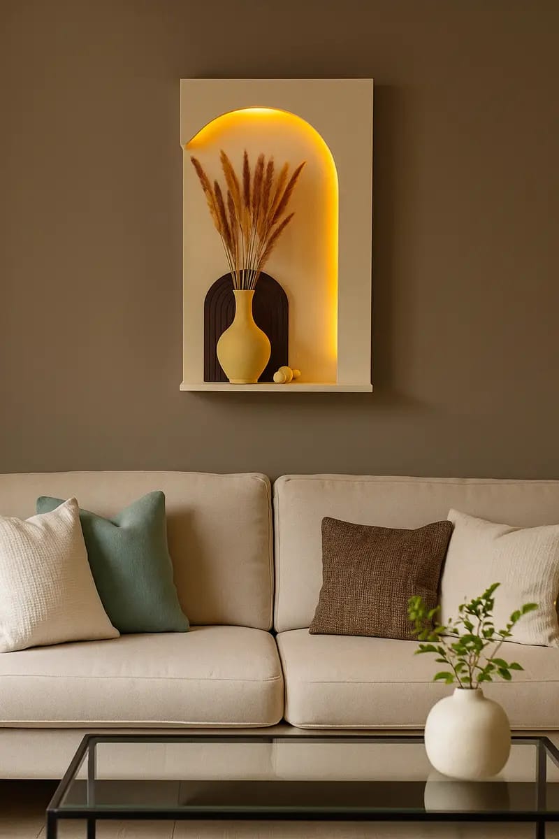 Modern LED Arch Wall Shelf with Vase Décor – Minimalist Floating Wall Accent Shelf