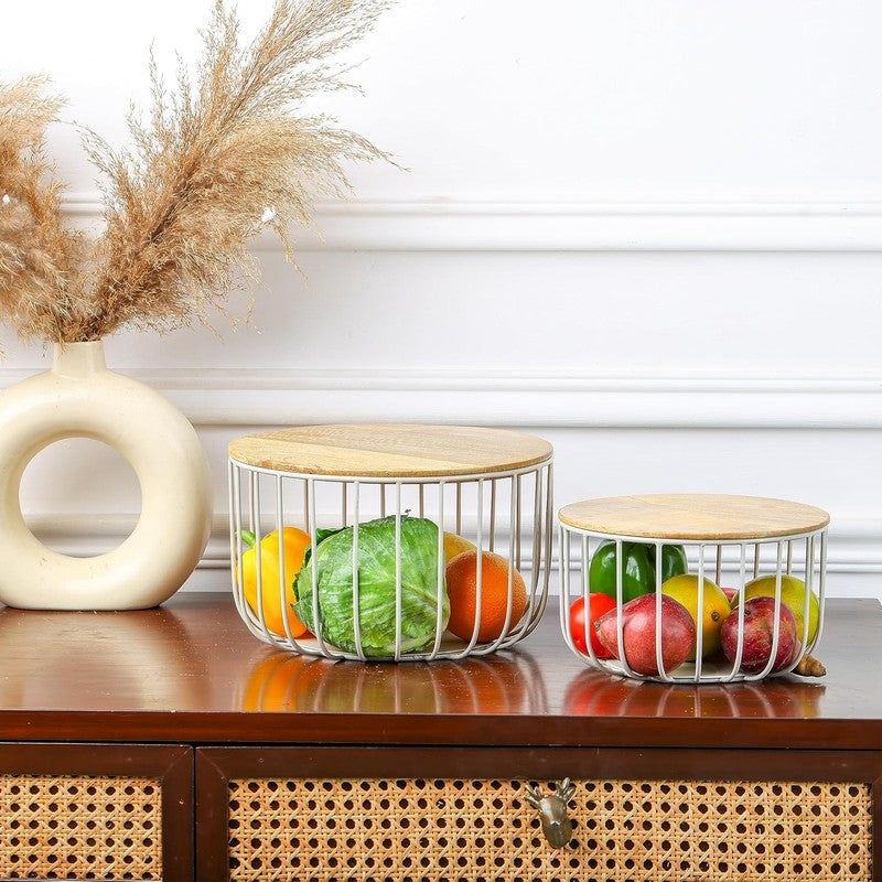 White Metal Fruit Basket Set with Wooden Lid – 2-Piece Storage Organizer