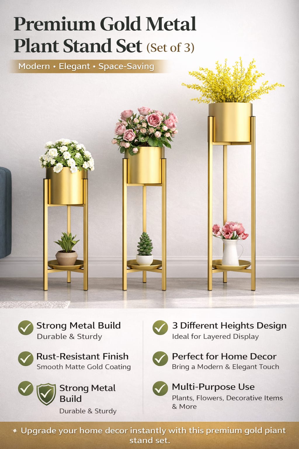 Modern Metal Floor Plant Stand with Planter Pots – Set of 3, Elegant Gold Flower Stands for Home Decor