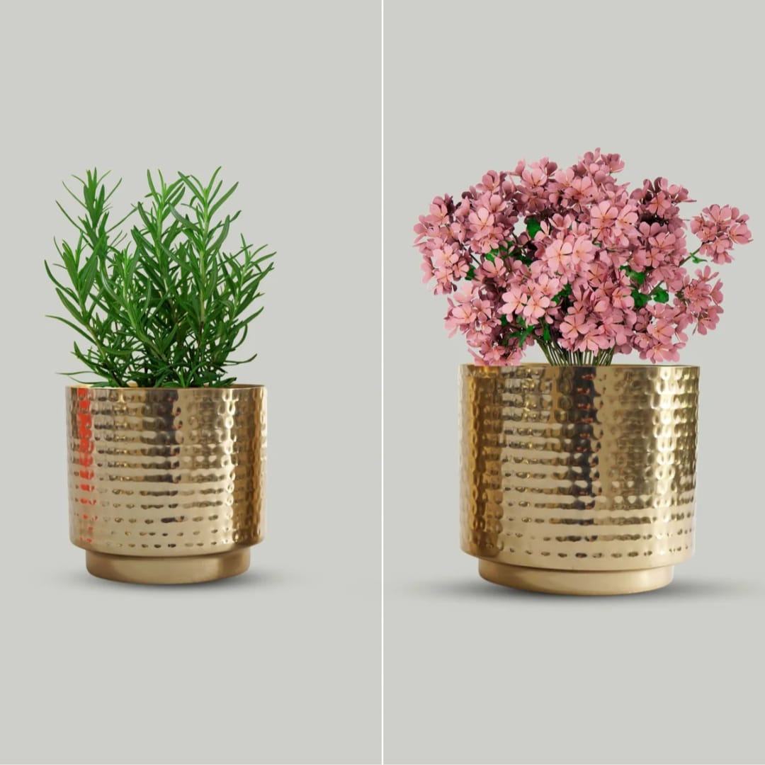 Set of 2 Golden Hammered Metal Decorative Planters