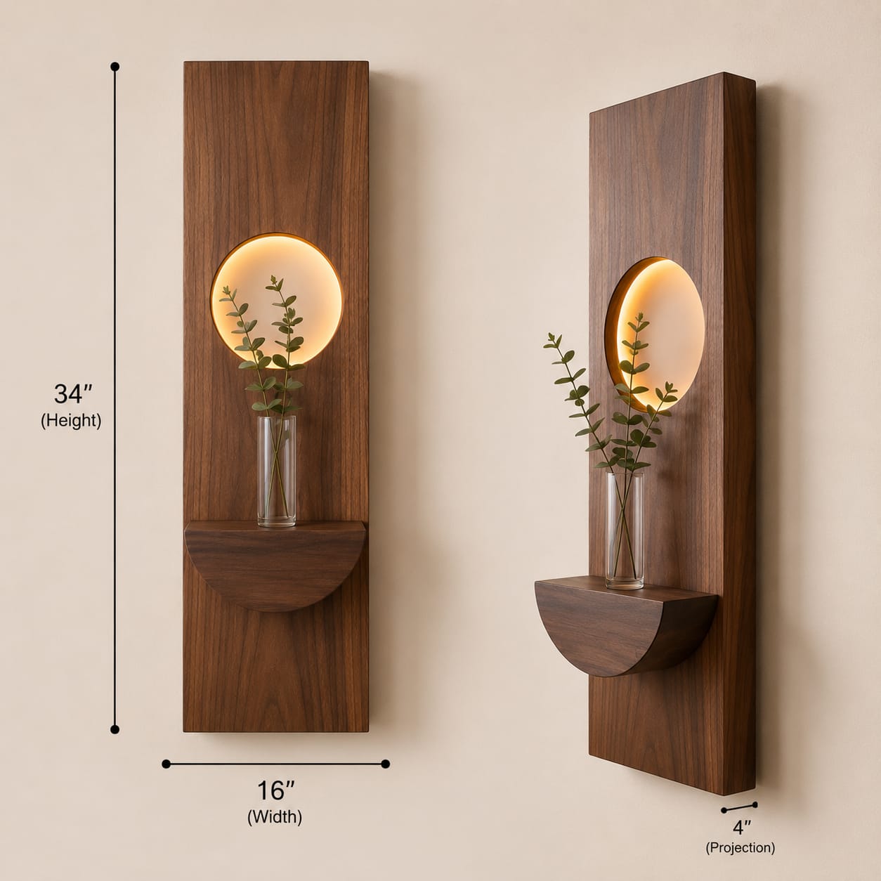 Modern Wooden LED Wall Shelf with Glass Vase Holder – Decorative Floating Wall Accent (Single Piece)