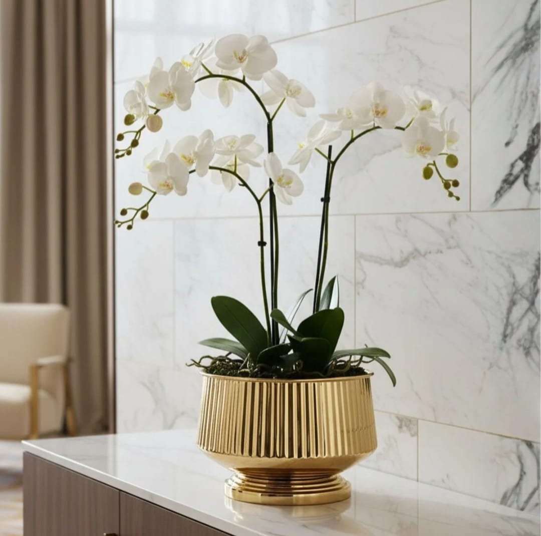 Golden Metal Decorative Planter Pot with Ribbed Design