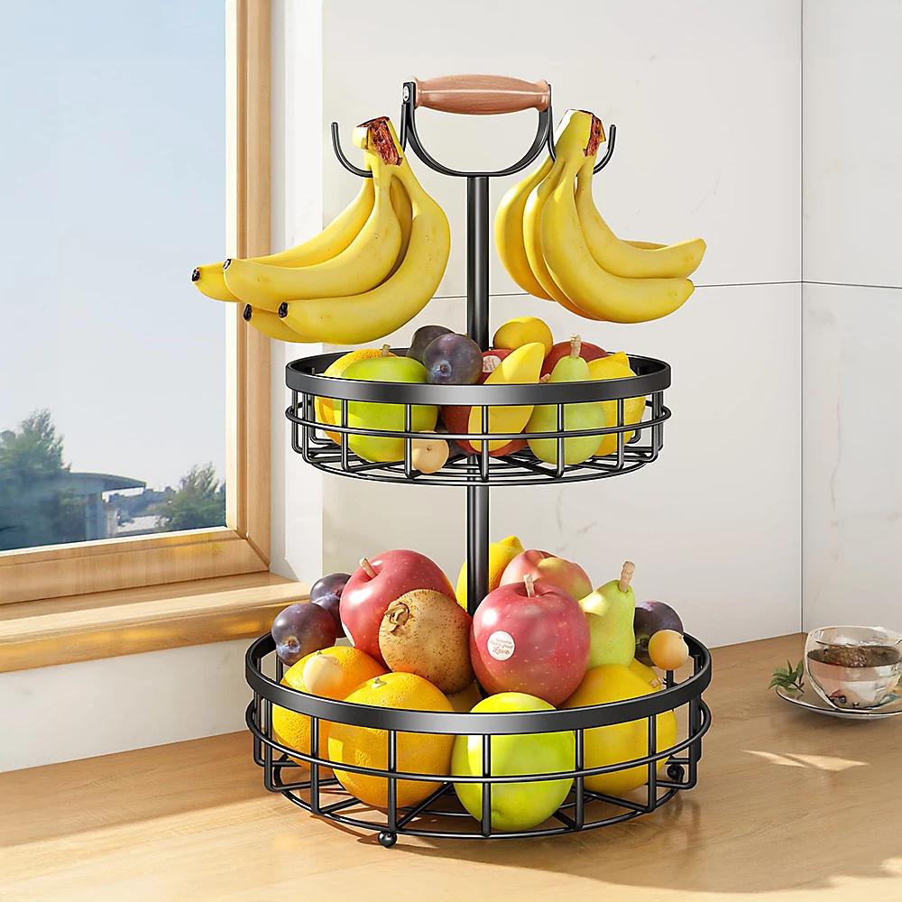2-Tier Fruit Basket with Banana Hanger – Metal Kitchen Counter Organizer