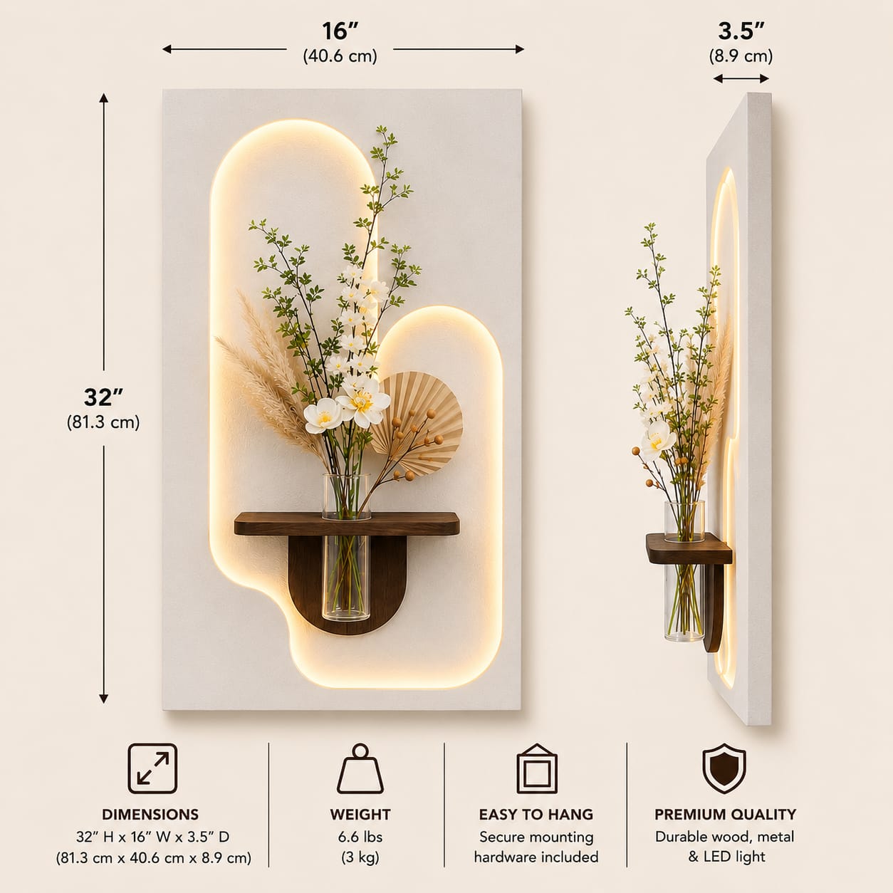 Luxury LED Wall Art Shelf with Vase Holder | Modern Illuminated Decorative Wall Panel | Contemporary Entryway & Living Room Décor