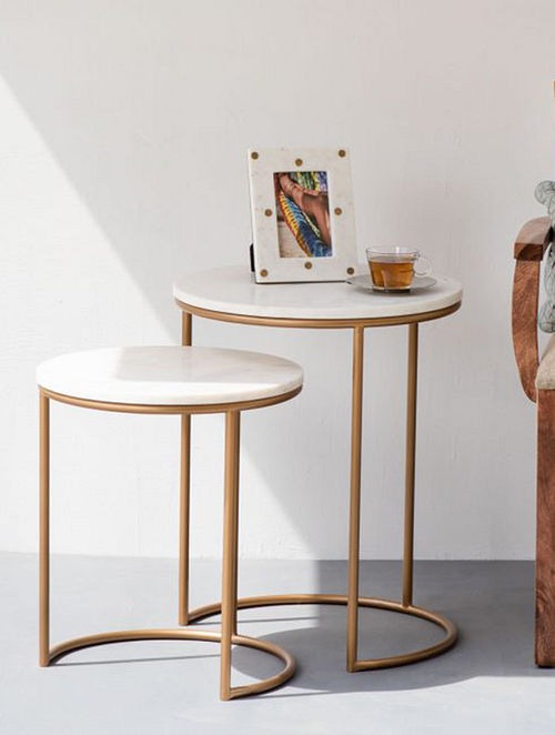 White Marble Top Iron Stand Coffee Table Set of 2