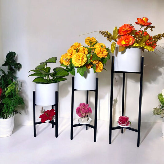 Luxury Gold Metal Planter Stand Set of 3 | Modern Flower Pot Holders with Bottom Shelf | Elegant Indoor Plant Display Stands