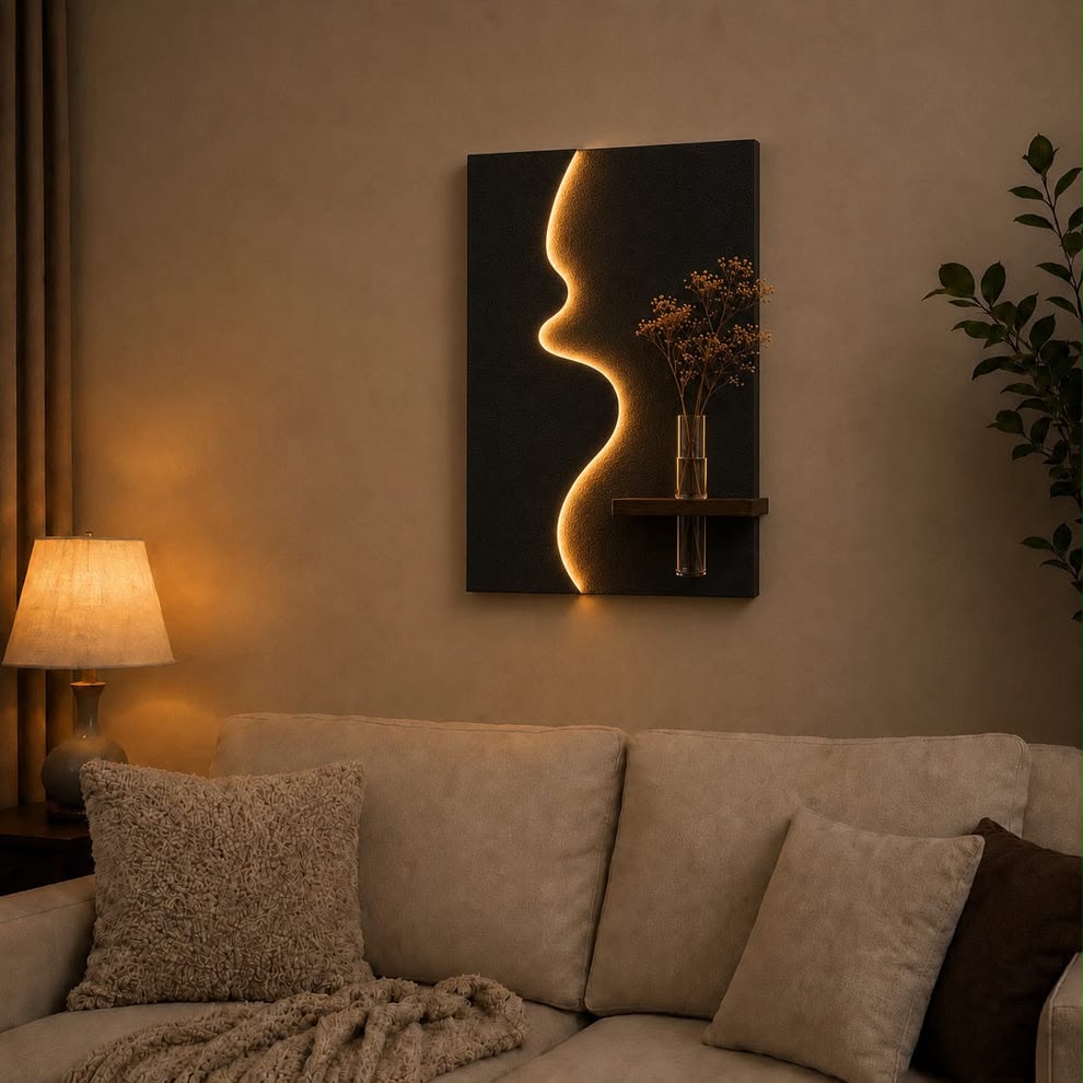 Modern Abstract Face LED Wall Decor with Wooden Vase Shelf | Minimalist Wall Art