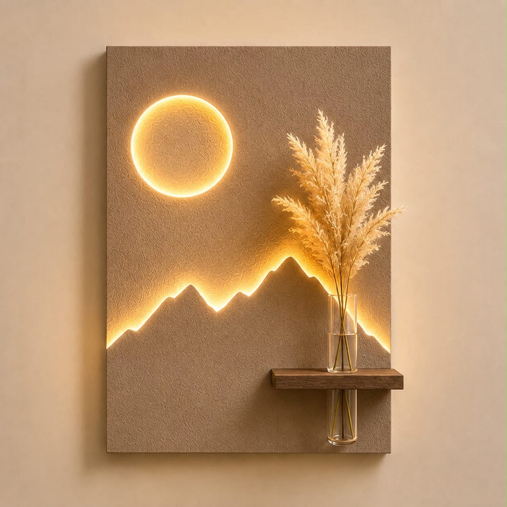 LED Mountain & Moon Wall Decor with Wooden Vase Shelf | Modern Minimalist Wall Art