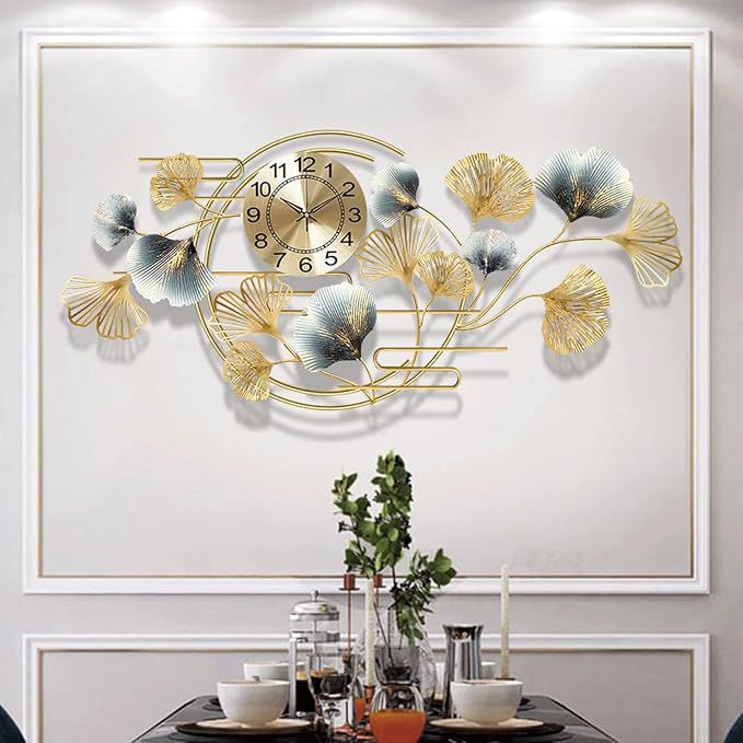 Luxury Gold & Silver Ginkgo Leaf Metal Wall Clock | Modern Decorative Wall Clock for Living Room, Bedroom & Office