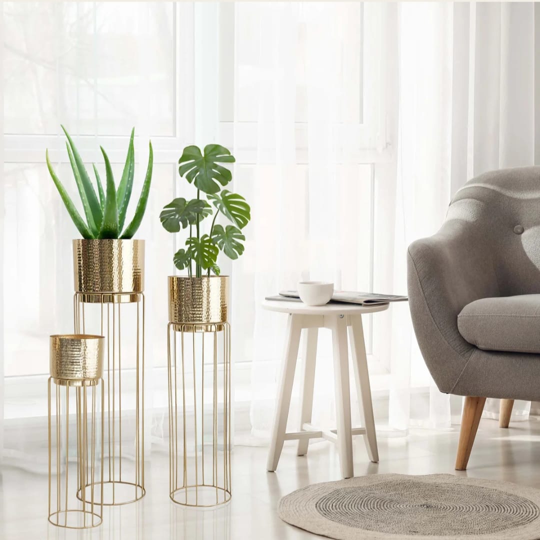 Set of 3 Golden Metal Planter Stands with Decorative Pots