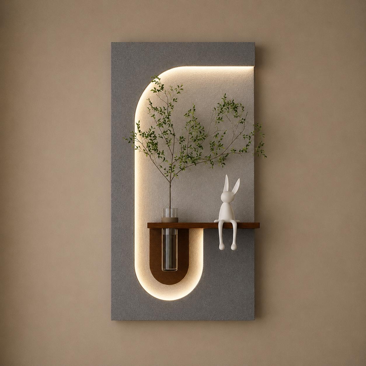 Modern LED Wall Décor Shelf with Plant Vase & Artistic Design Panel”