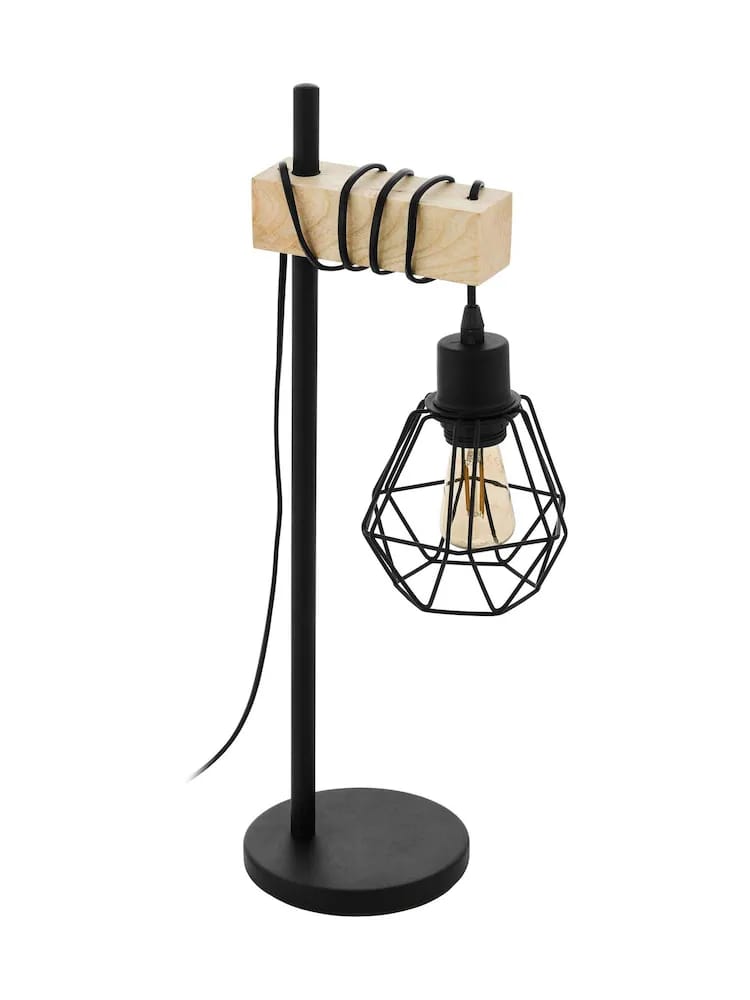 Vintage Industrial Table Lamp with Wooden Accent & Hanging Cage Bulb – Modern Bedside/Desk Light