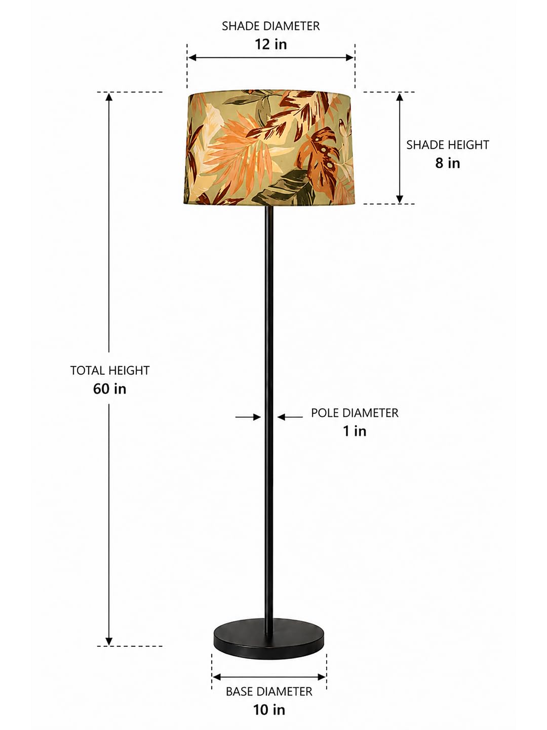 Modern Black Metal Pole Floor Lamp for Living Room, Tall Standing Lamp with Fabric Shade, Warm Ambient Lighting, Minimalist Lamp for Bedroom, Office, Reading Corner (Palm Leaf)