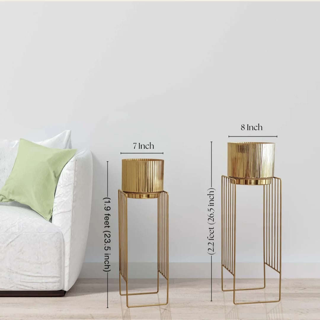 Set of 2 Golden Metal Planter Stands with Decorative Pots