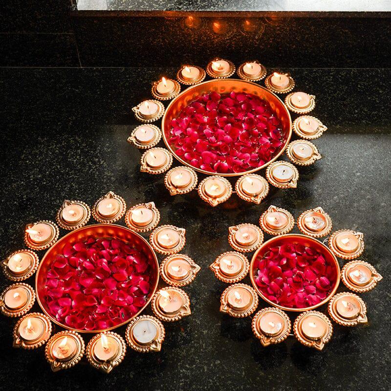 Decorative Metal Urli Bowl Set with Diya Holders | Festive Floating Candle Bowl for Home Décor